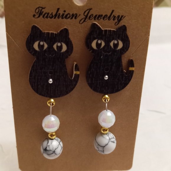 Home Made Handmade Wood & Metal Cat Black Button Earrings #42 - Picture 8 of 9
